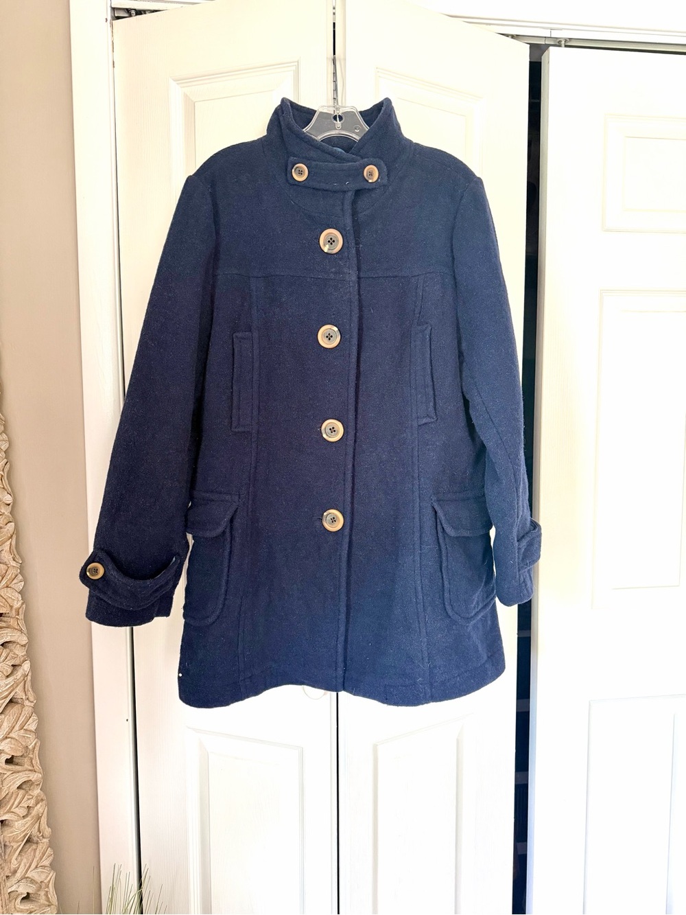 Old Navy Mid Length Navy Blue Wool Blend Coat Plaid Lining Women's XL